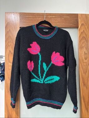 Black Floral Crewneck Sweater with Pink Tulips Vintage Gotham
